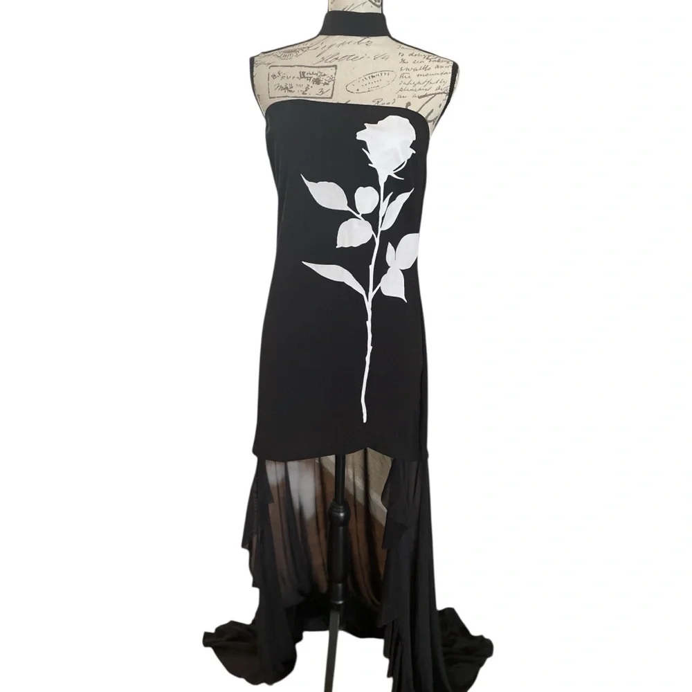 Black Mini Tube Dress with White Floral Detail & Sheer Ruffle Train - Picture 7 of 13